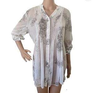 American Rag Simi Sheer Blouse Button Front Top Babydoll Roll Tab Sleeves